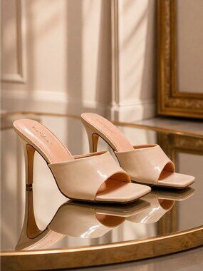 Nude Open-Toe Patent Leather High Heel Mules With Square Toe Design For Women